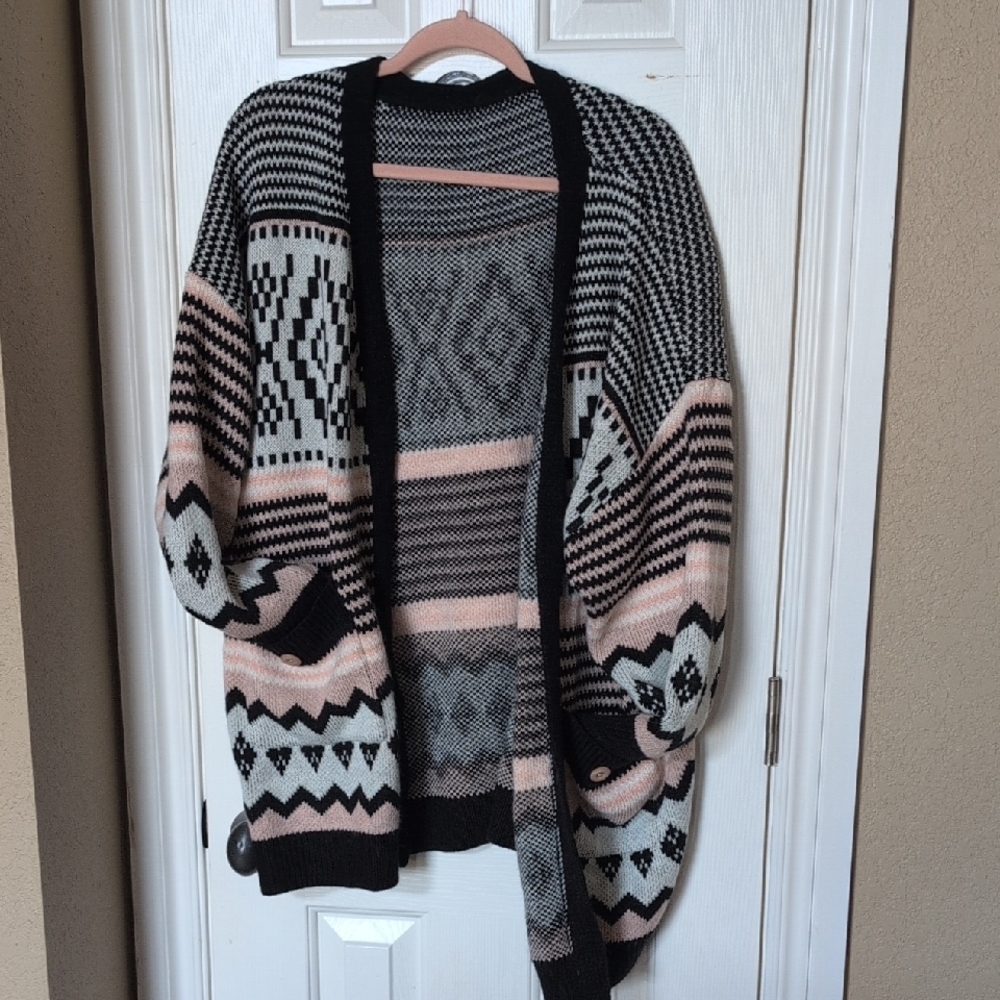 SHEIN Black, Cream & Blush Geometric Open-Front Cardigan